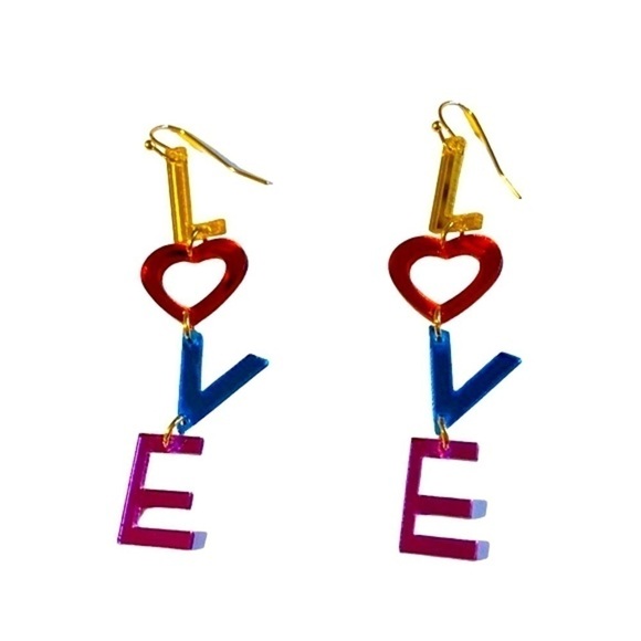 ACRYLIC LOVE Multicolor Shiny Letter Drop Dangle Pierced Earrings - Picture 3 of 5